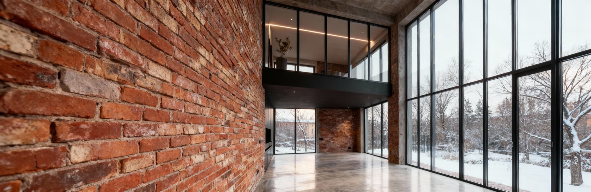 Loft open space in vendita con ampie vetrate, pavimenti in cemento e pareti in mattoni, illuminato da luce invernale.