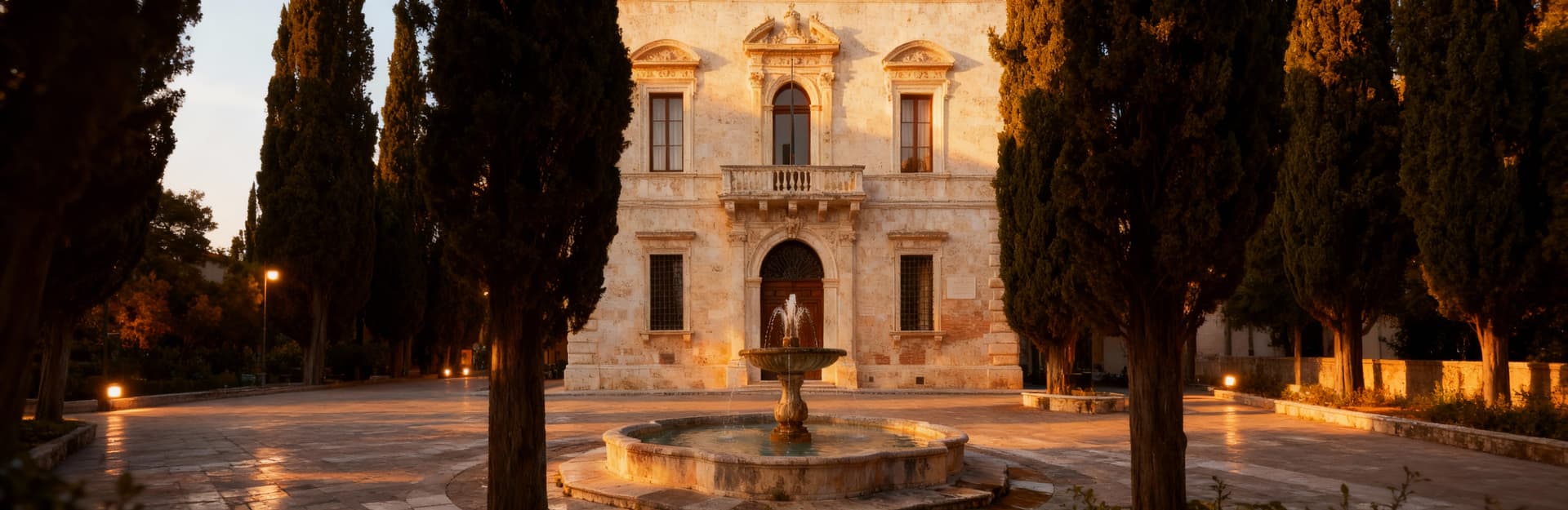 Palazzo storico in travertino ad Ascoli Piceno, affacciato su piazza con fontane e alberi secolari, sotto un cielo sereno.