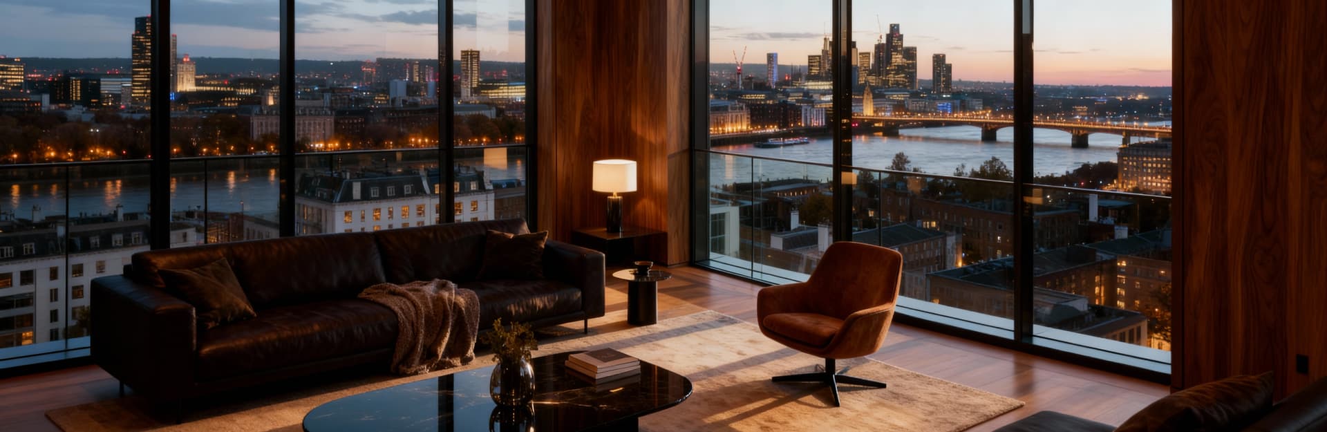 Appartamenti di lusso in vendita nel Regno Unito, design elegante con vetro e legno, vista panoramica e luce mattutina.