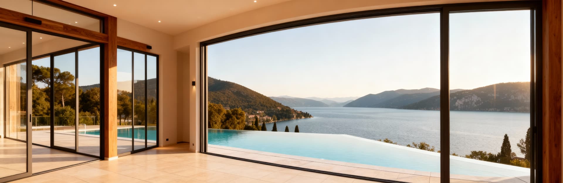 Attico lussuoso sul Lago di Garda, vista panoramica su colline verdi e acque cristalline, terrazza con piscina e ampia luminosità.