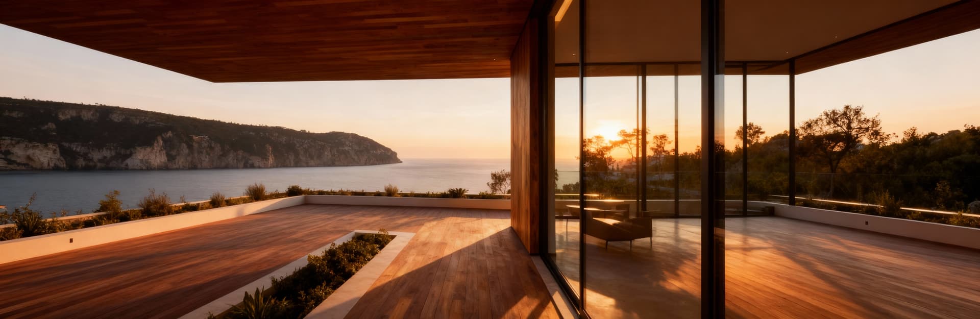 Attico di lusso in Campania con terrazze panoramiche e dettagli eleganti, vista sulla costiera in calda luce pomeridiana.