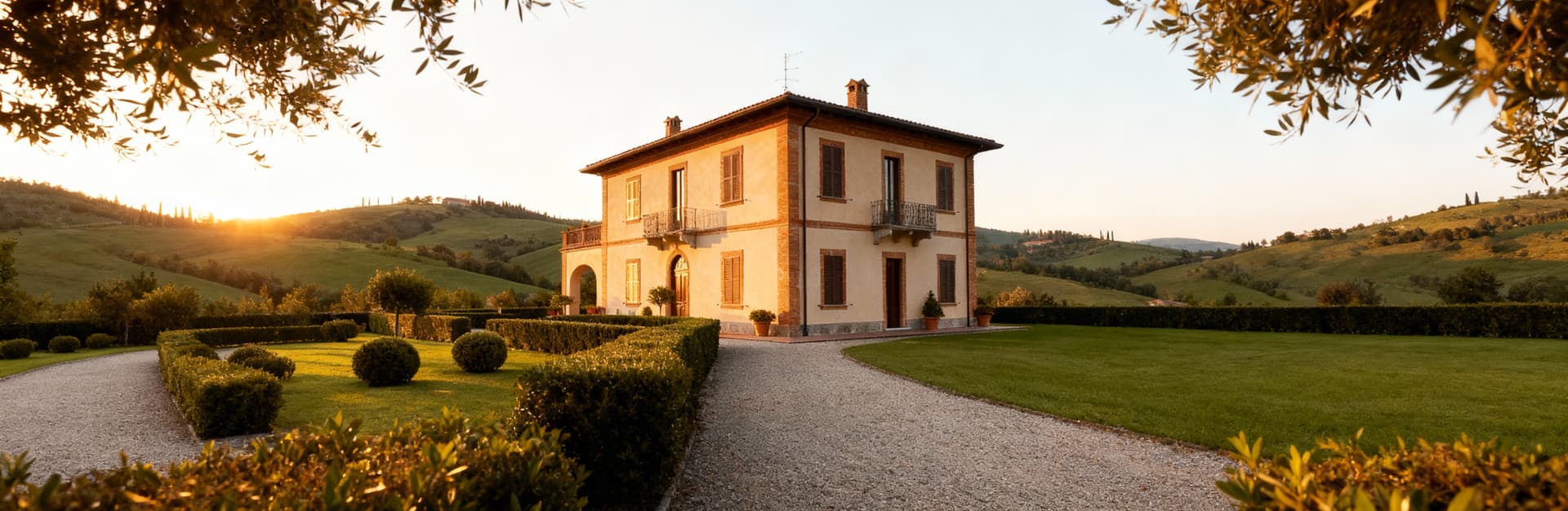 Tenuta di lusso in vendita in Sardegna, villa circondata da colline verdi e giardini curati, vista dal basso con luce pomeridiana.