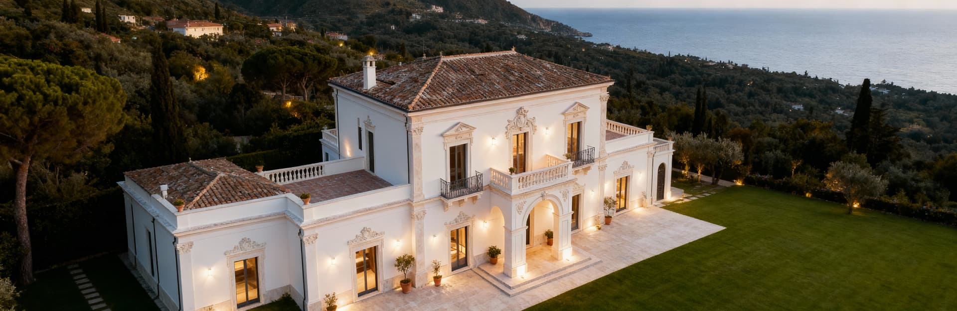 Luxury detached houses for sale in Campania, featuring spacious green areas amidst history, sea, and modernity.