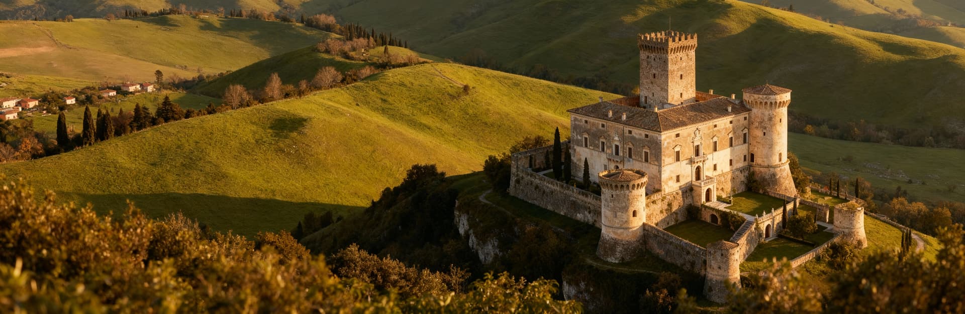 Castello in vendita nel Lazio, circondato da colline verdi e illuminato dalla luce del pomeriggio, con torri storiche.