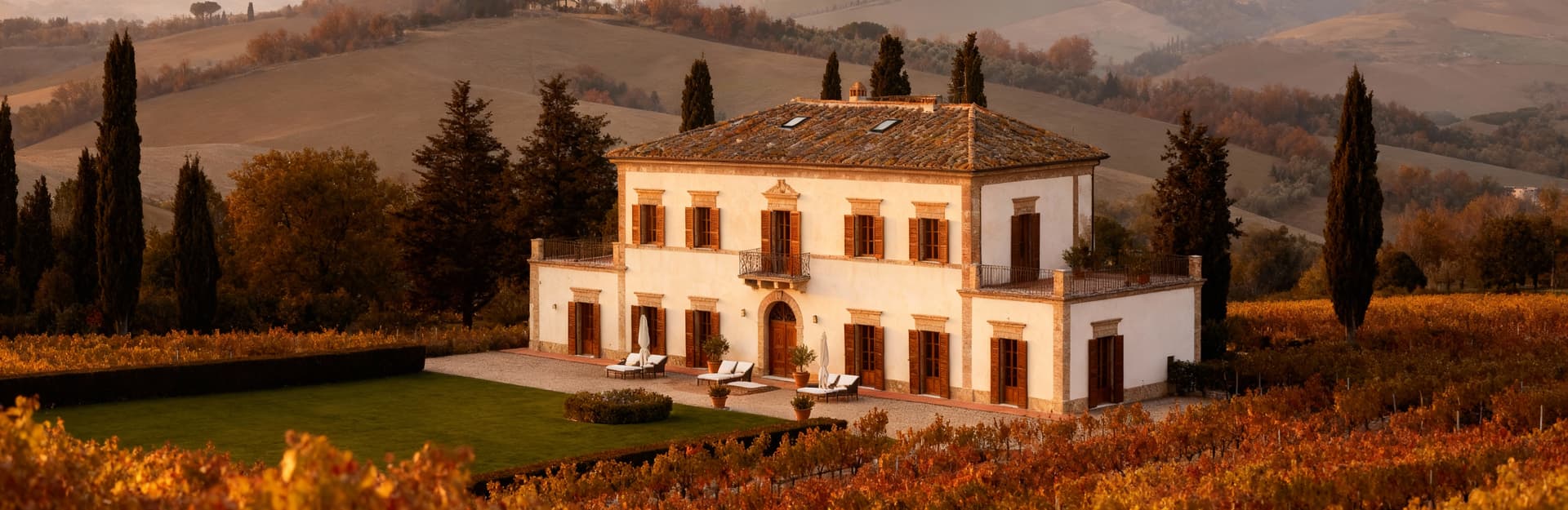 Luxury properties for sale in Tuscany's Val d'Orcia, showcasing stunning landscapes, vineyards, and historic villas.