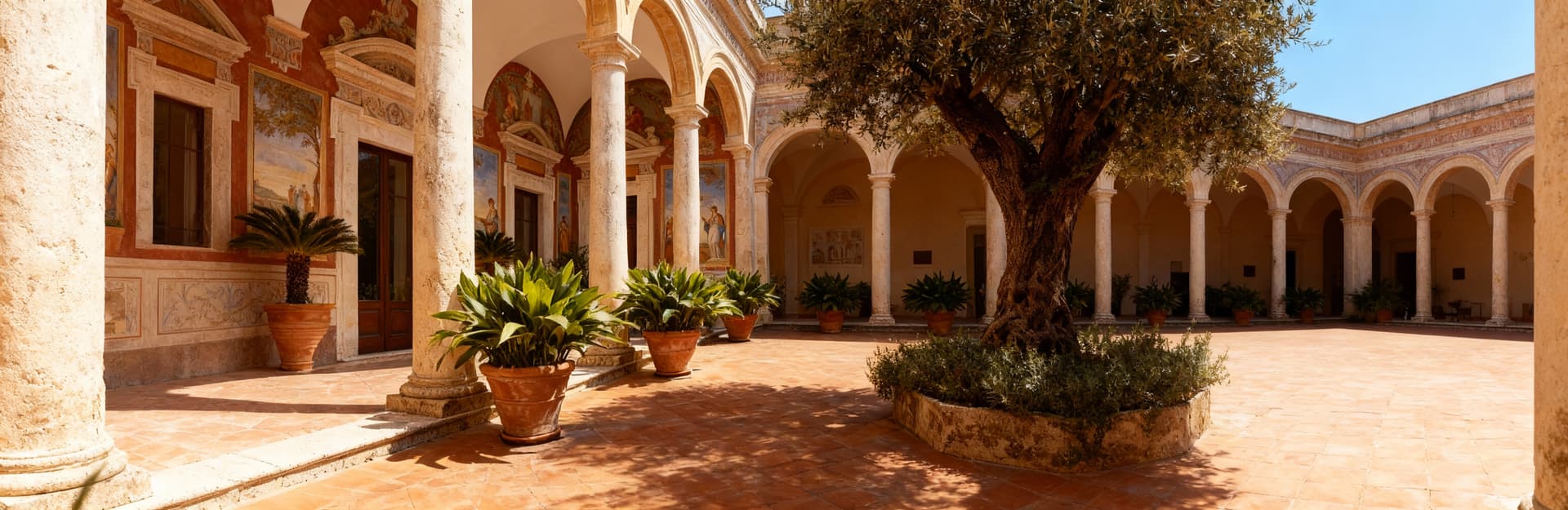 Villa storica a Barletta Andria Trani con affreschi e dettagli architettonici, cortile elegante con piante mediterranee.
