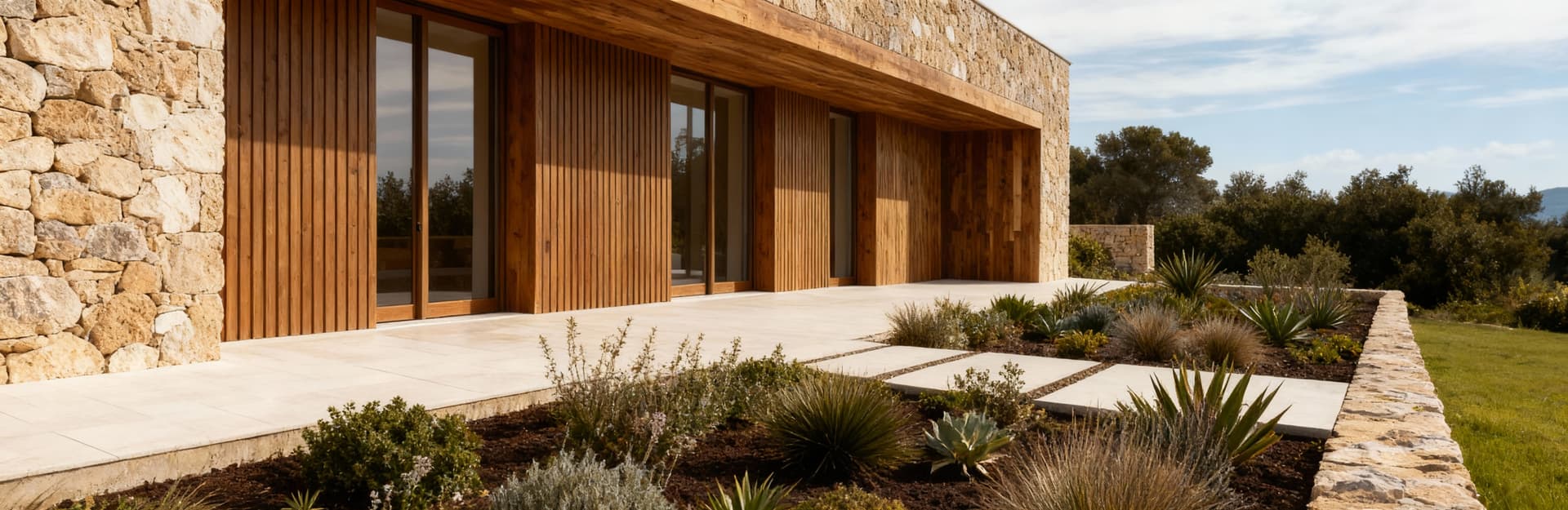 Luxuosa villa contemporanea a Nuoro, con facciata in pietra e dettagli in legno, immersa in un giardino di piante autoctone.