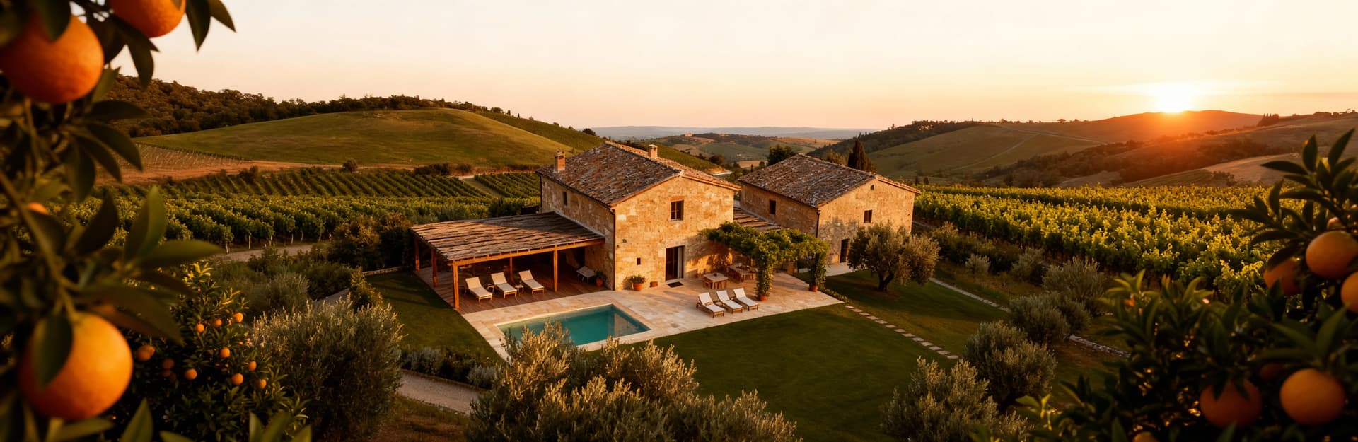 Azienda agricola umbra con colline verdi, vigneti e uliveti, strutture in pietra e legno, luce pomeridiana naturale.