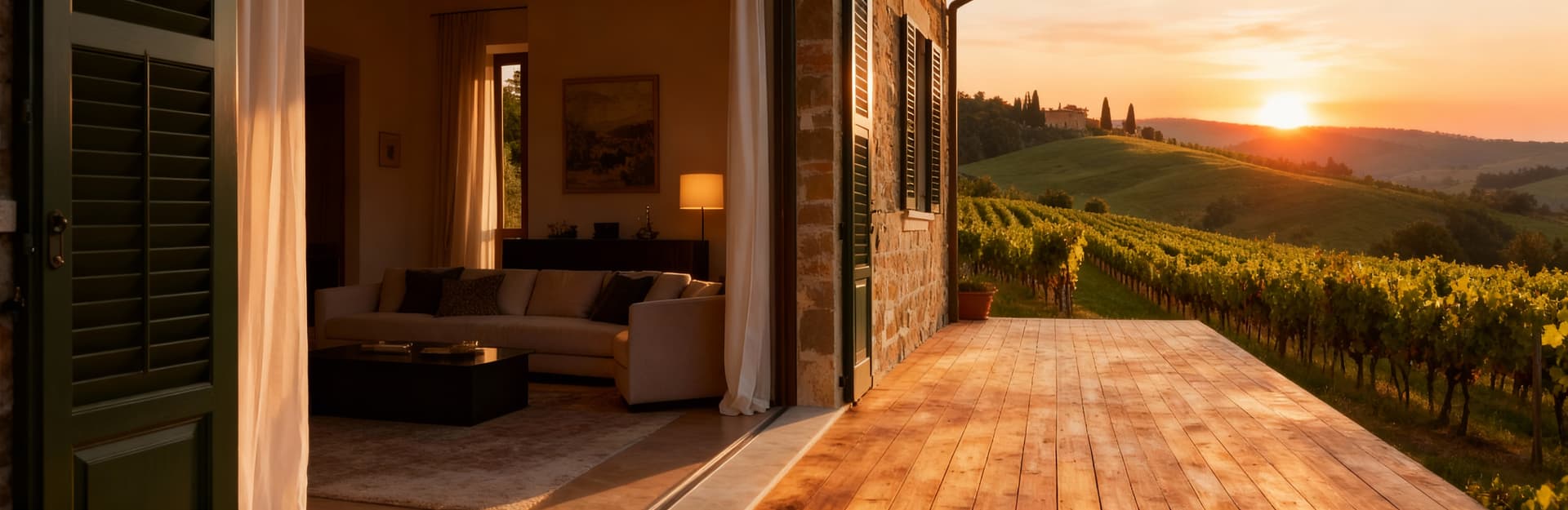 Attico in vendita in Toscana con terrazza in legno, affacciato su colline e vigneti, interni eleganti e luce mattutina.