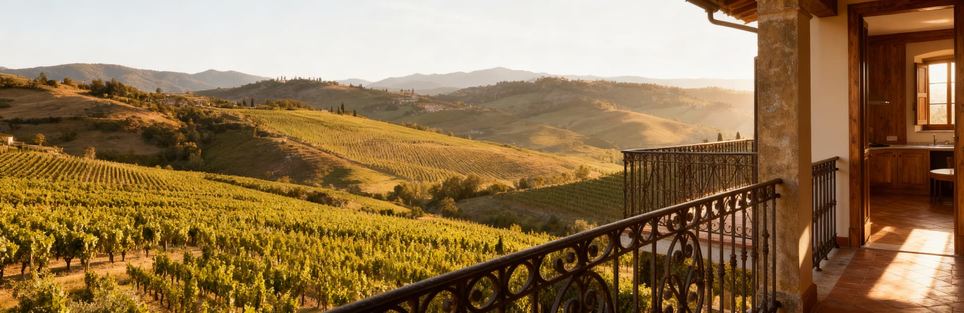 Appartamento in villa toscana con vista panoramica, balconi in ferro battuto e interni in legno naturale. Atmosfera accogliente.