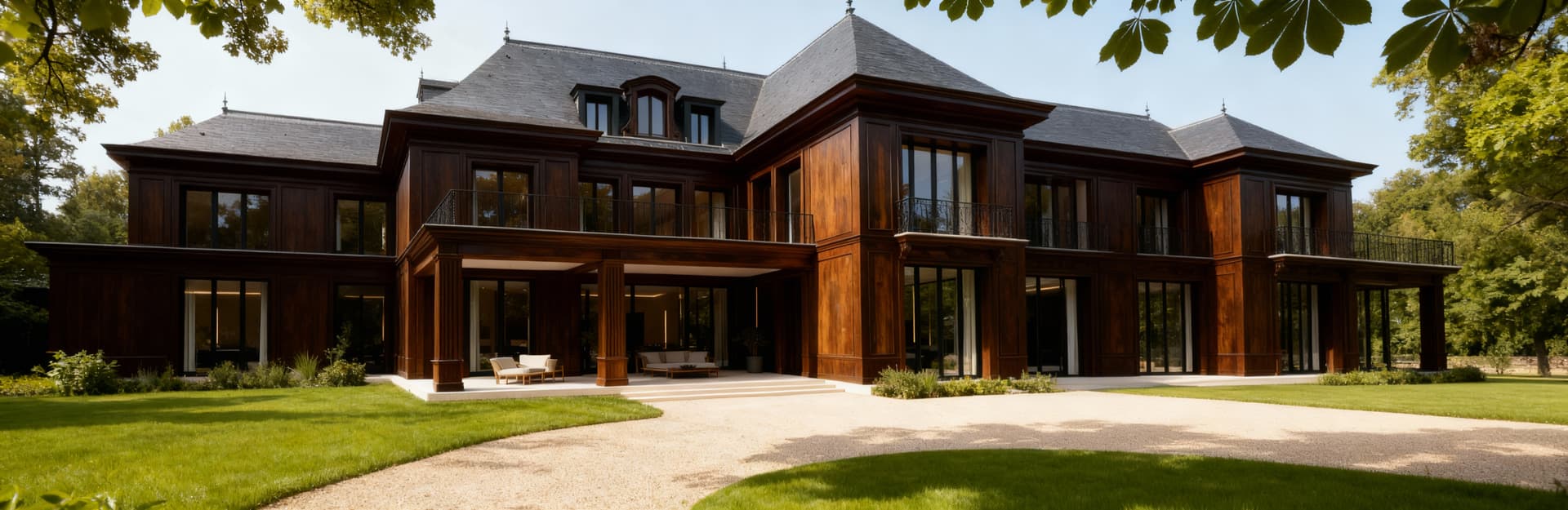 Villa di lusso in Île-de-France, elegante architettura, spazi ampi, immersa nel verde sotto un cielo sereno.