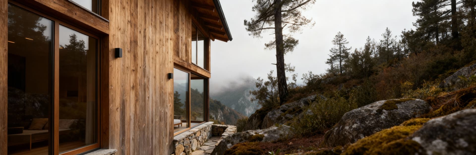 Montagna in vendita in Liguria, rifugio esclusivo immerso nella natura con ampie finestre e dettagli in legno e pietra.