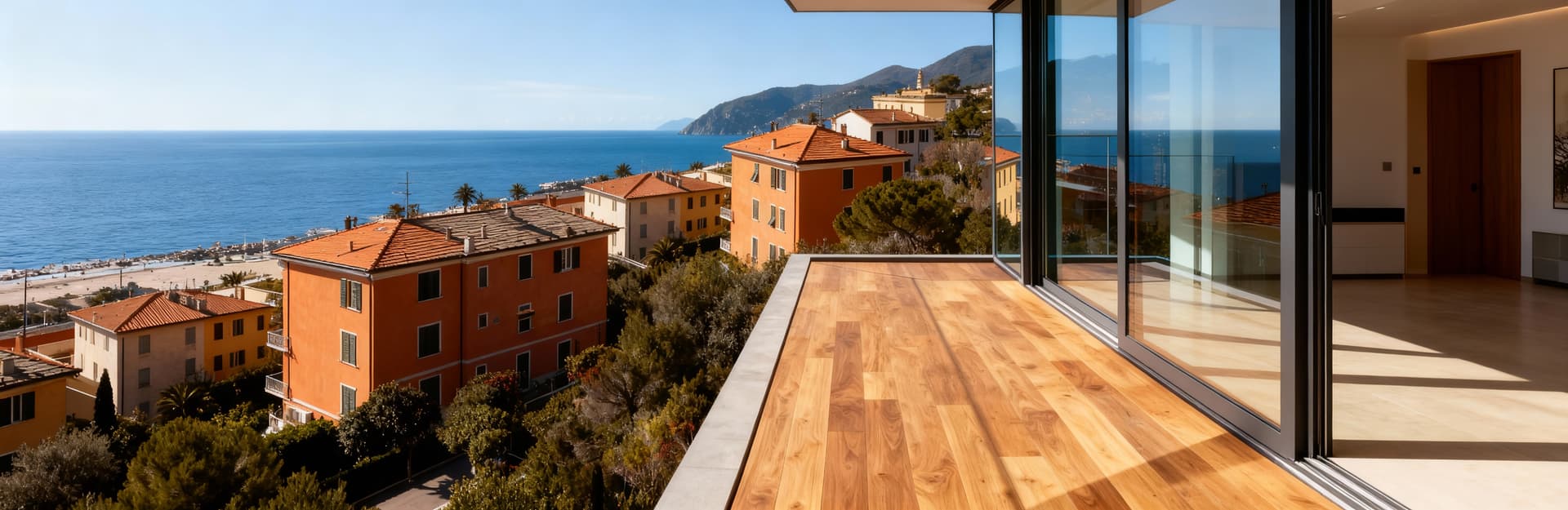 Vista panoramica di un attico a La Spezia, terrazza sul Golfo dei Poeti, pareti in vetro e pavimento in legno elegante.
