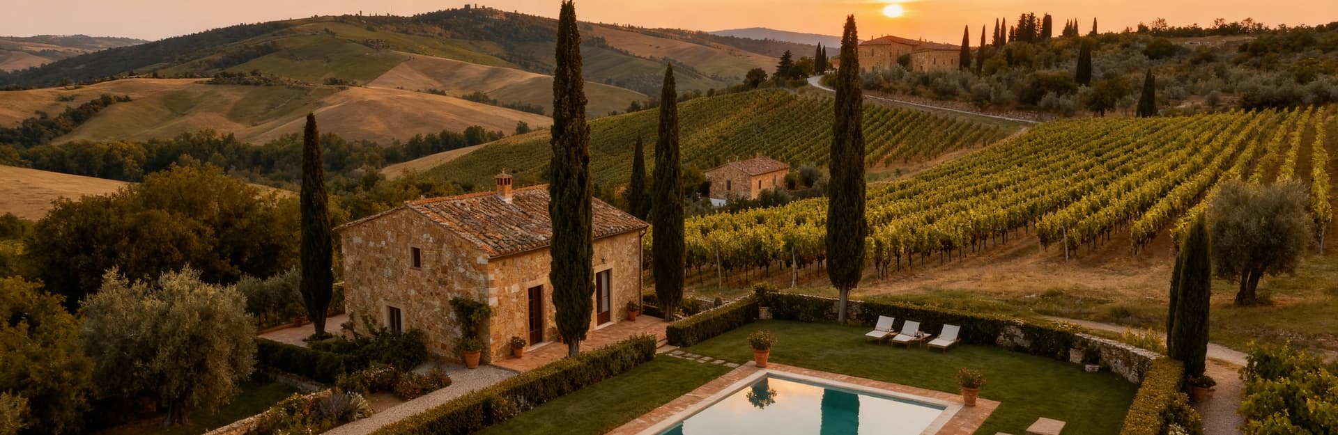 Stunning panoramic view of rolling hills, vineyards, and cypress trees in Val d'Orcia, showcasing luxury apartments for sale.