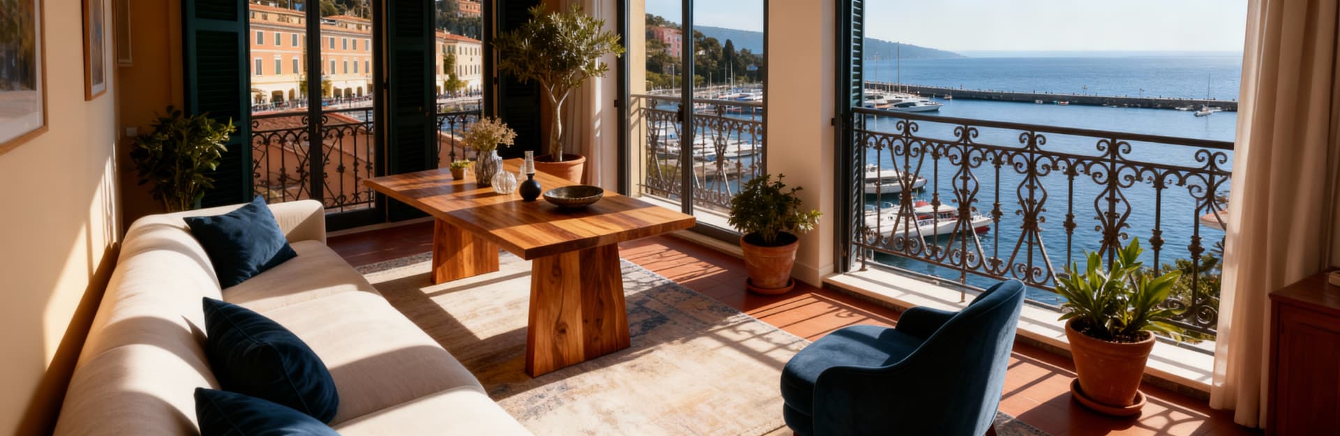 Attico in vendita a Santa Margherita Ligure con vista sul porticciolo, interni luminosi e dettagli eleganti in stile mediterraneo.