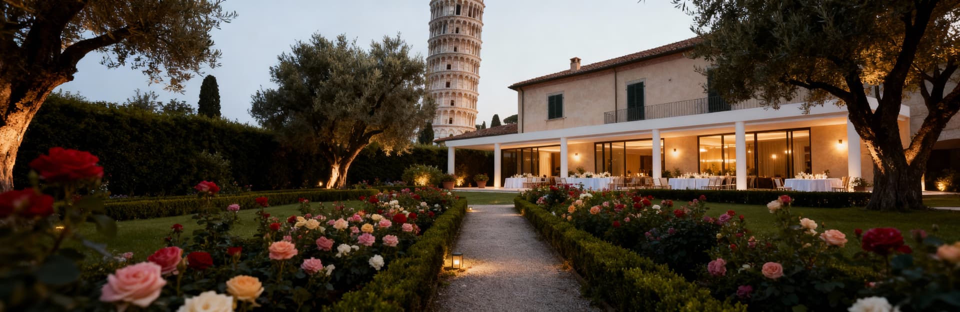 Elegant property complex for sale in Pisa, featuring lush greenery, olive groves, and historical buildings perfect for hospitality investment.