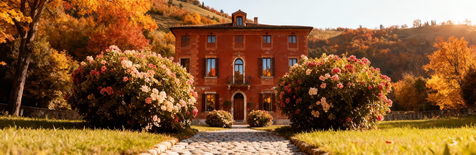 Elegante residenza in vendita a Gorizia, con dettagli architettonici mitteleuropei e paesaggio autunnale.