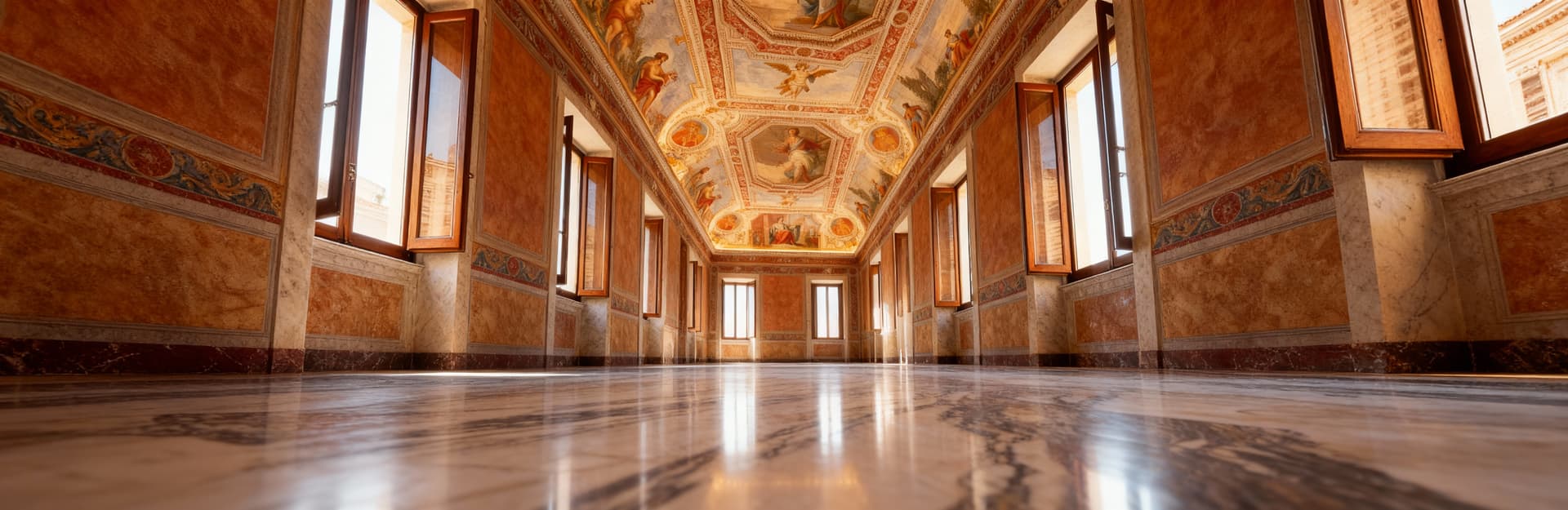 Lussuoso appartamento con soffitti affrescati e pavimenti in marmo, vista architettonica di un palazzo storico a Ravenna.