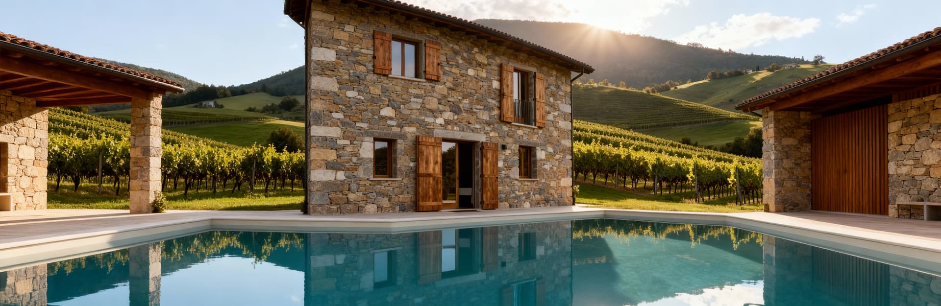 Casale ristrutturato a Cuneo, circondato da colline verdi e vigneti, con piscina e facciata in pietra locale.