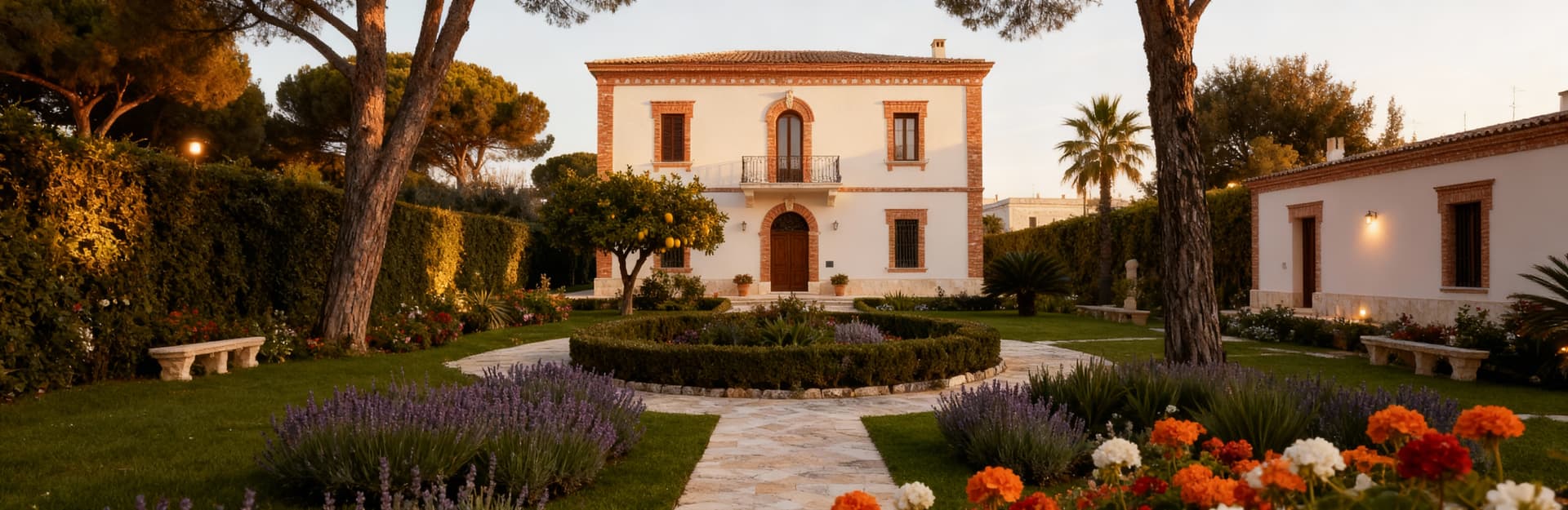 Villa in vendita a Barletta Andria Trani, con giardini eleganti, facciata chiara e dettagli in mattoni, in un'atmosfera serena.