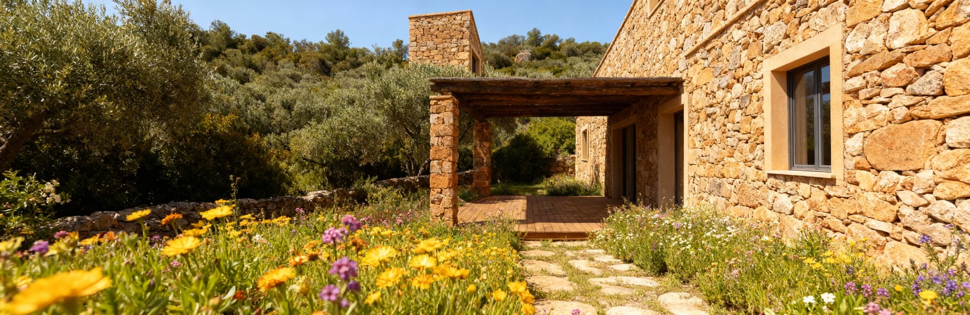 Rustico in pietra a Porto Cervo, circondato da uliveti e macchia mediterranea, con terrazza in legno e fiori selvatici.