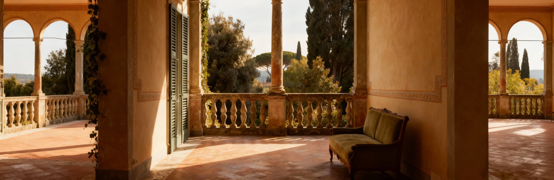 Appartamenti in villa a Firenze con eleganti spazi e dettagli rinascimentali illuminati dalla luce del mattino.