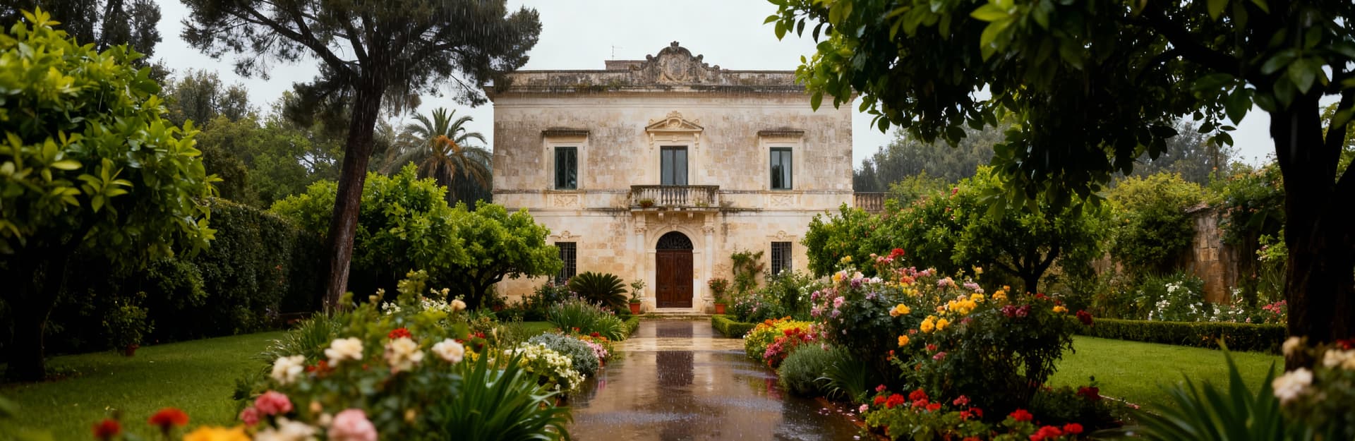Ville in vendita in Sardegna, storica proprietà a Lecce con facciata in pietra e giardino, avvolta da pioggerellina primaverile.