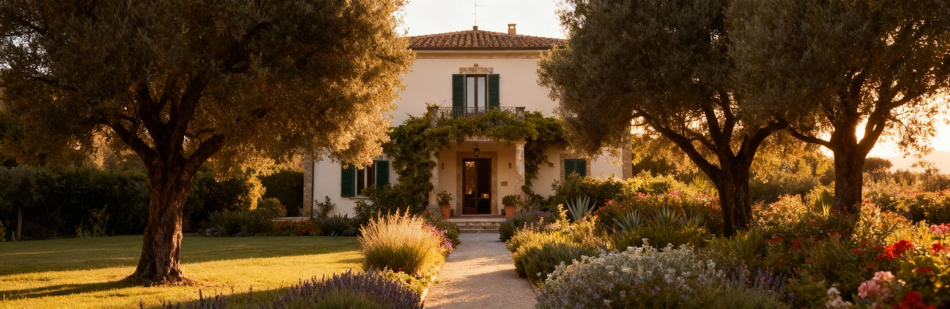 Case indipendenti immerse nel paesaggio maremmana di Grosseto, con giardini fioriti e luce del mattino che crea serenità.