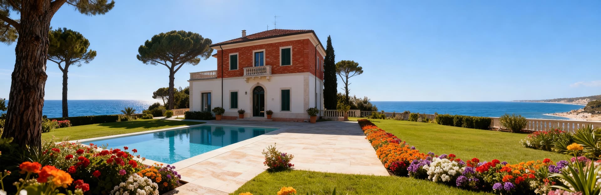 Villa elegante in Toscana, Val d'Orcia, con piscina a sfioro, giardino fiorito e mare sullo sfondo. Atmosfera di lusso.