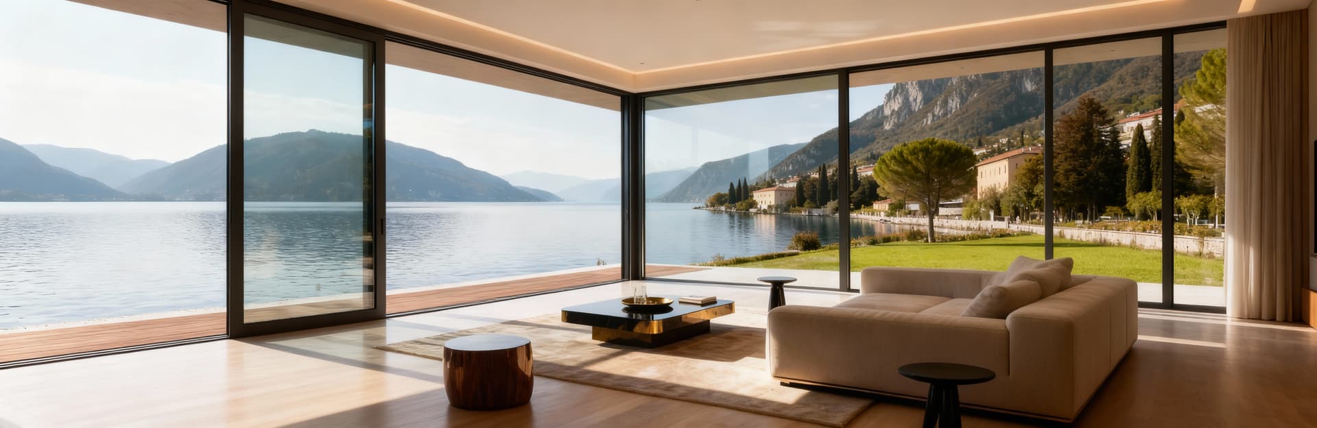 Luxury apartments for sale at Lake Garda, featuring modern design and stunning sunset views in a vibrant cultural setting.