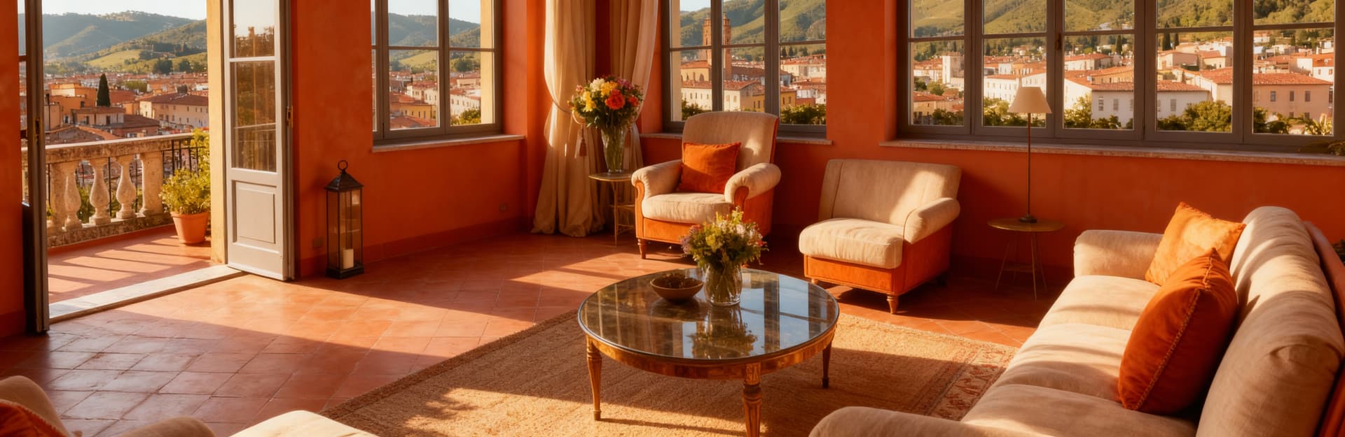 Luxury penthouses for sale in Lucca featuring spacious living areas and stunning terraces with views of historic hills.