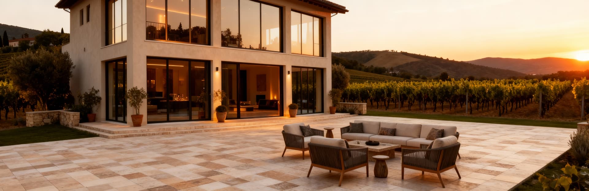 Appartamenti di lusso in vendita in Toscana, villa con ampie vetrate e patio affacciato su vigneti e colline.