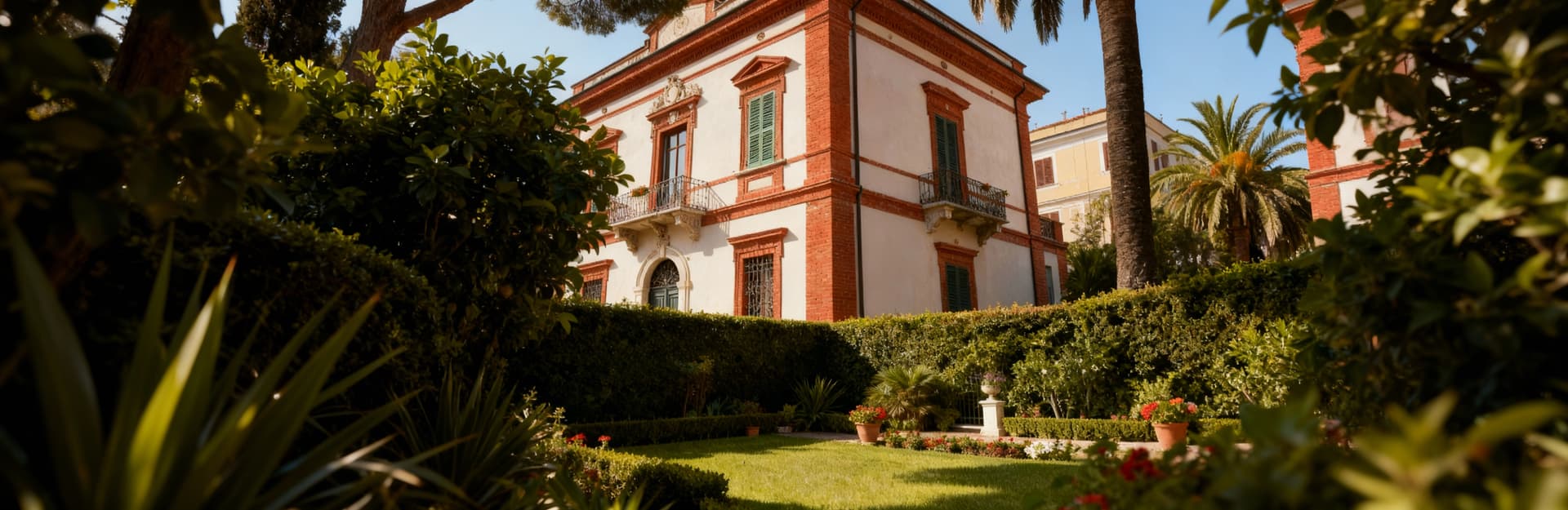 Case semindipendenti nel centro di Livorno, con mattoni rossi e dettagli chiari, circondate da alberi e giardini curati.