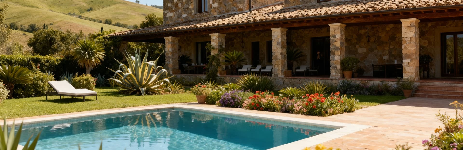 Case indipendenti in vendita in Toscana, Val d'Orcia: rustico in pietra con piscina e giardino, circondato da colline e fiori.