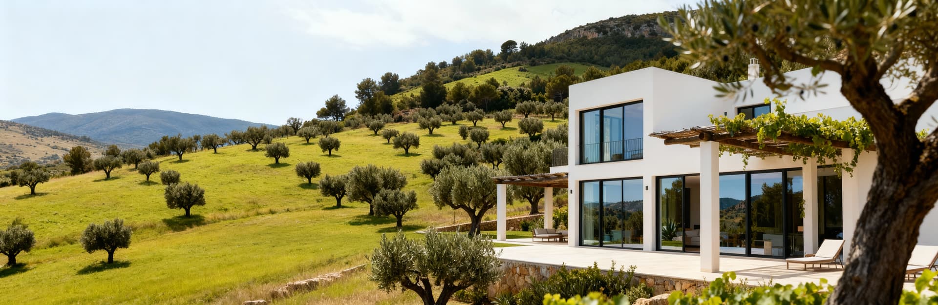 Luxury homes for sale in Ibiza's countryside, surrounded by olive groves and serene hilltop views.