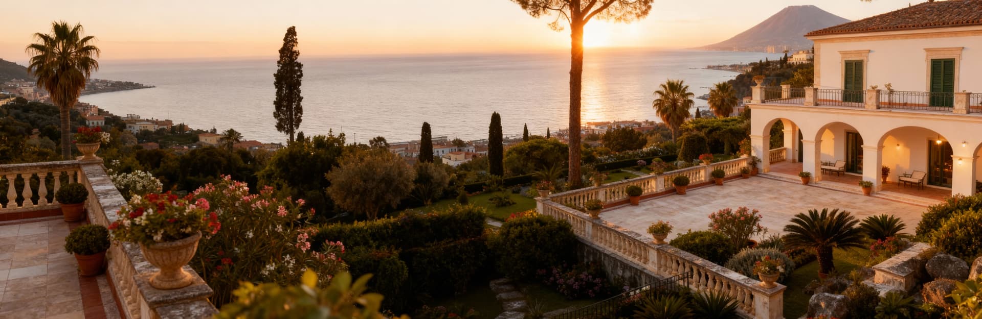 Luxury villas for sale in Naples, overlooking the sea with stunning views of Vesuvius and the Gulf, featuring gardens and terraces.