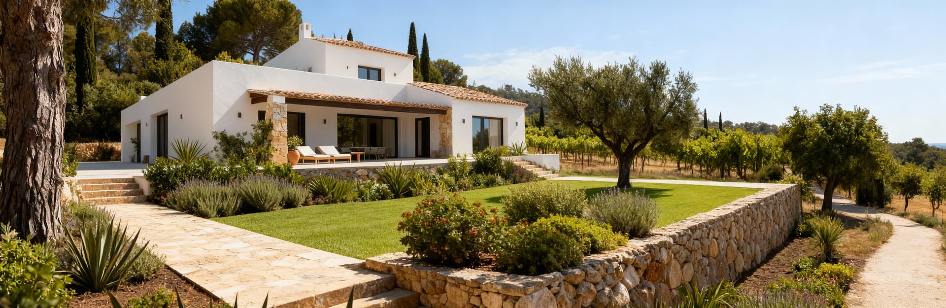 Luxurious villas for sale in Ibiza's countryside, surrounded by olive trees, vineyards, and stunning panoramic pools.