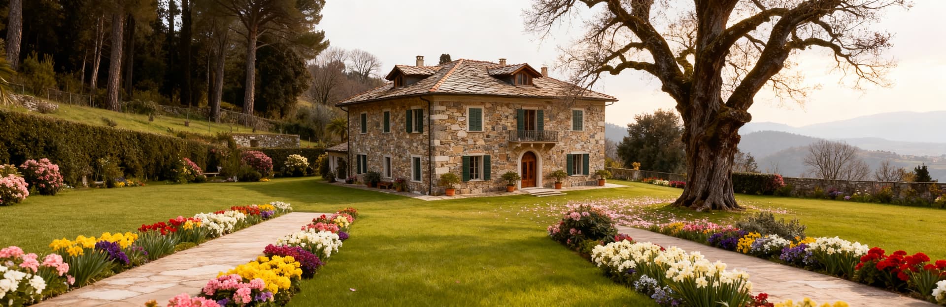 Luxury villas for sale in the countryside of Genoa, featuring spacious gardens and scenic hill views near urban amenities.