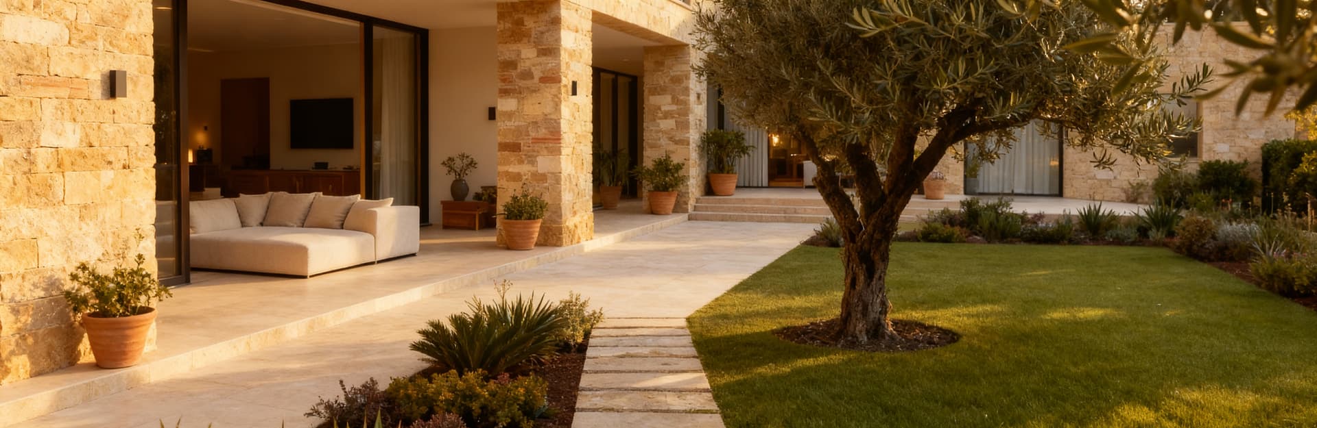 Villa di lusso in vendita a Fermo, architettura moderna in pietra locale, giardino mediterraneo e cielo sereno.