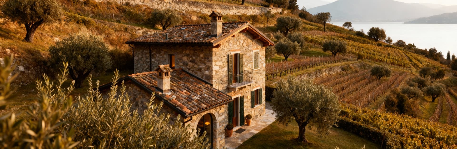 Rustic farmhouses for sale at Lake Maggiore, nestled amidst vineyards and olive groves, perfect for country living tranquility.