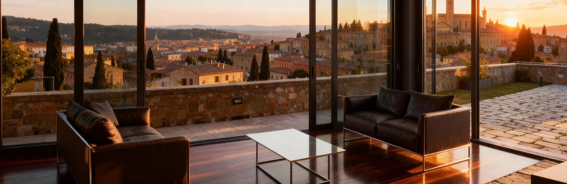 Luxury penthouses for sale in Arezzo city center, featuring modern interiors and expansive panoramic terraces.