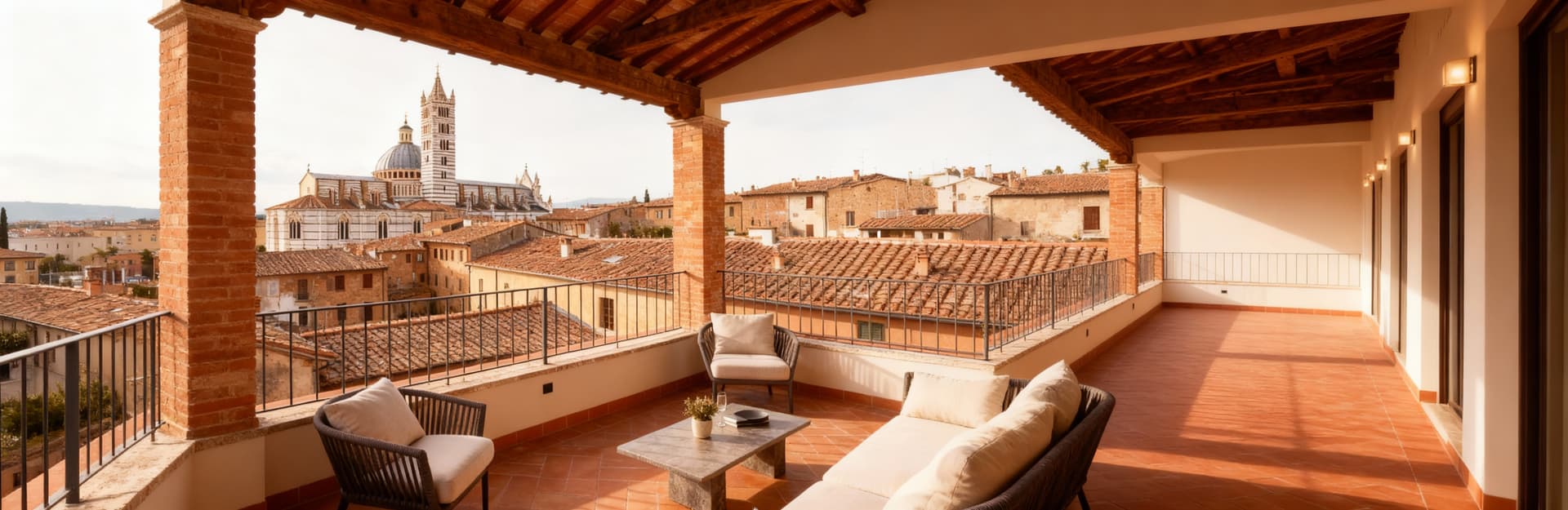 Luxury penthouses for sale in Siena, featuring panoramic terraces with views of medieval rooftops and the Cathedral.