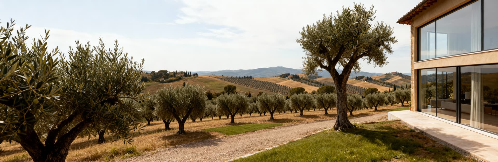Luxurious villas for sale in Tuscany's Val d'Orcia, showcasing breathtaking landscapes of rolling hills, vineyards, and olive groves.
