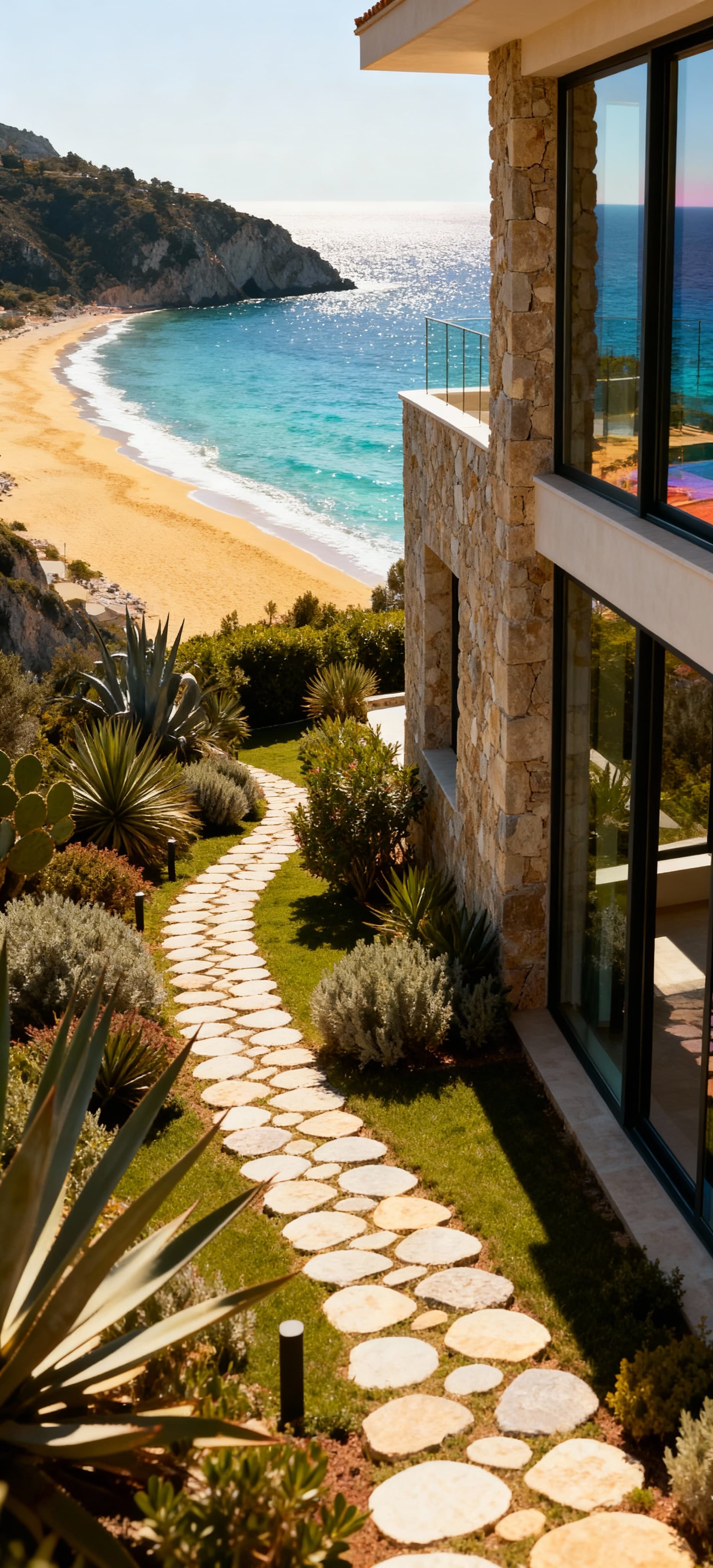 Villa elegante su promontorio calabrese, vista mare, architettura in pietra, giardino mediterraneo e spiaggia dorata.