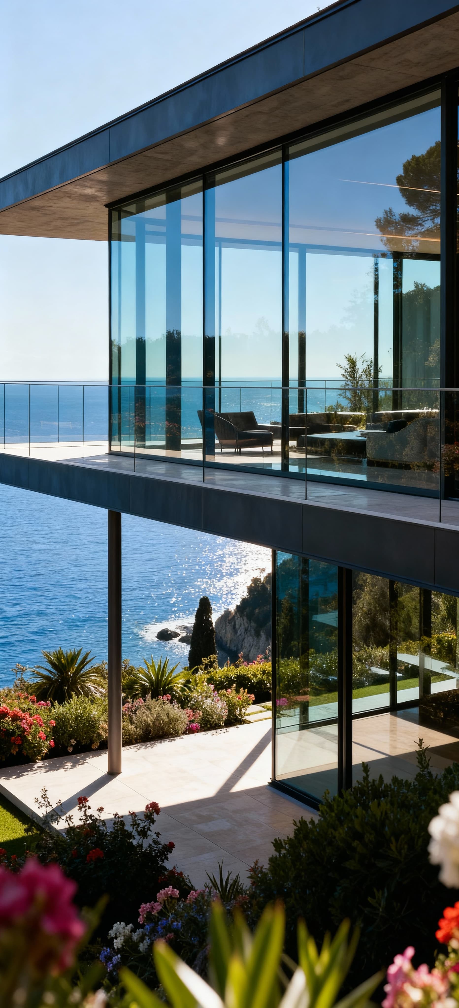 Villa moderna in vendita nel Lazio, con vetrate che riflettono il mare e giardino fiorito, offre vista panoramica sul paesaggio.
