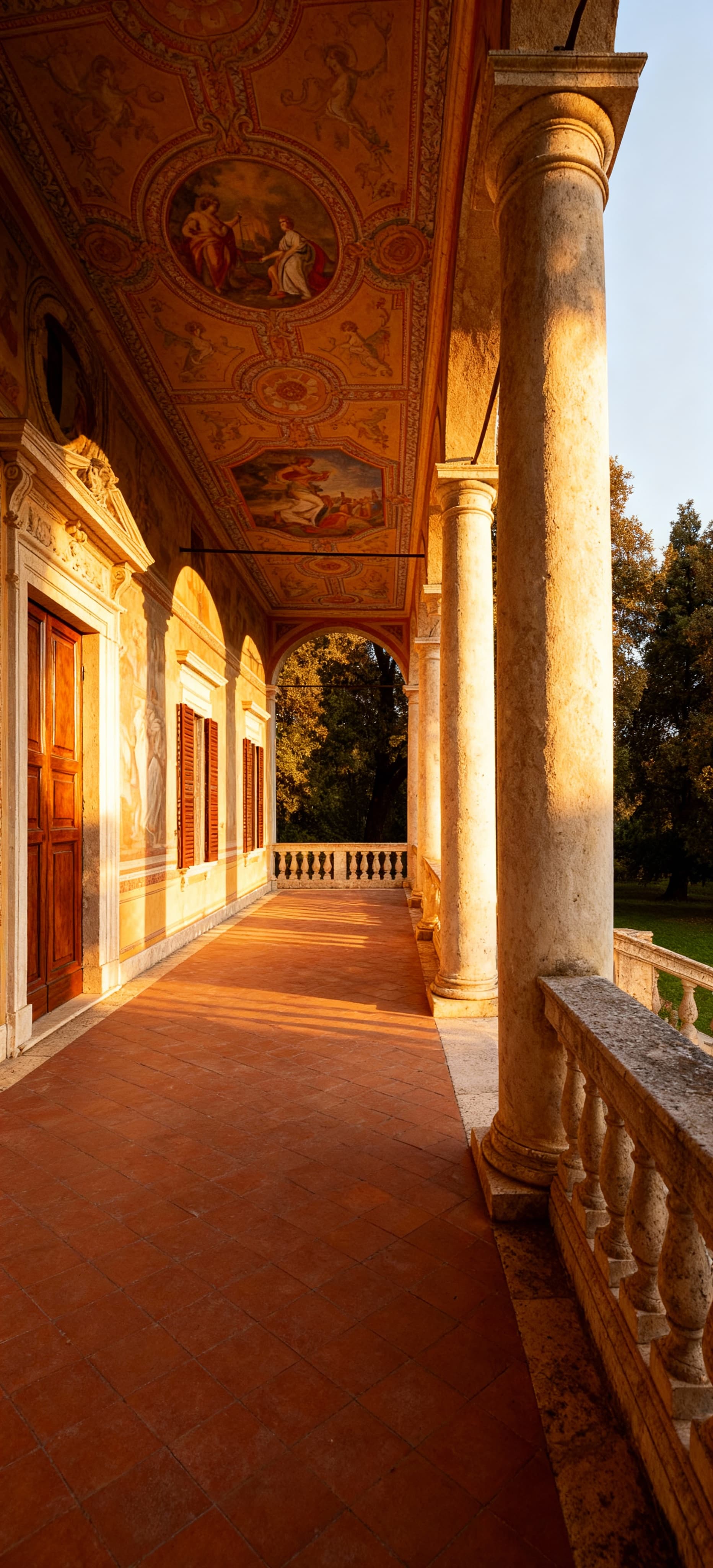 Luxuosa villa in Liguria con colonne in travertino, parco secolare e dettagli architettonici raffinati al tramonto.