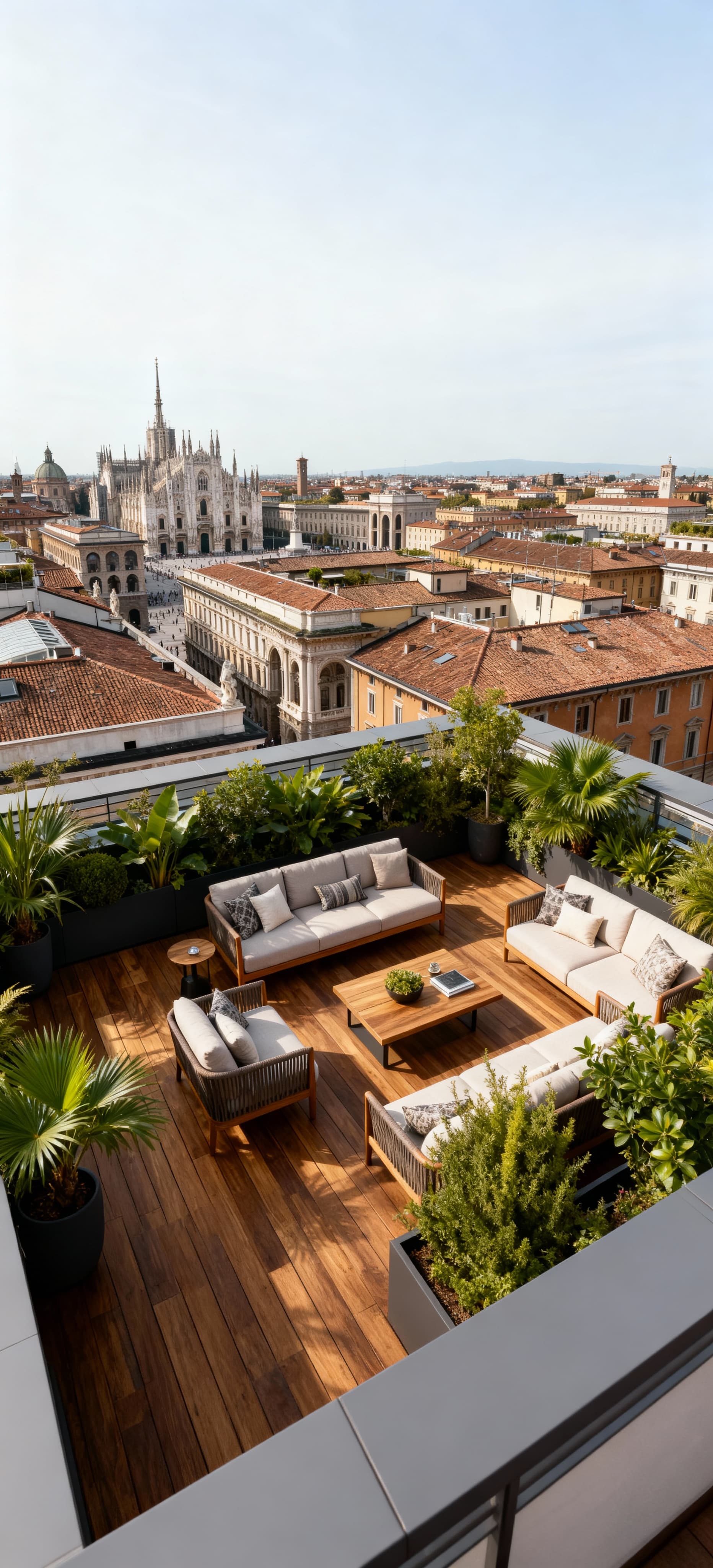 Elegante attico a Milano con terrazza arredata, vista sui tetti storici e il Duomo, perfetto equilibrio tra tradizione e modernità.