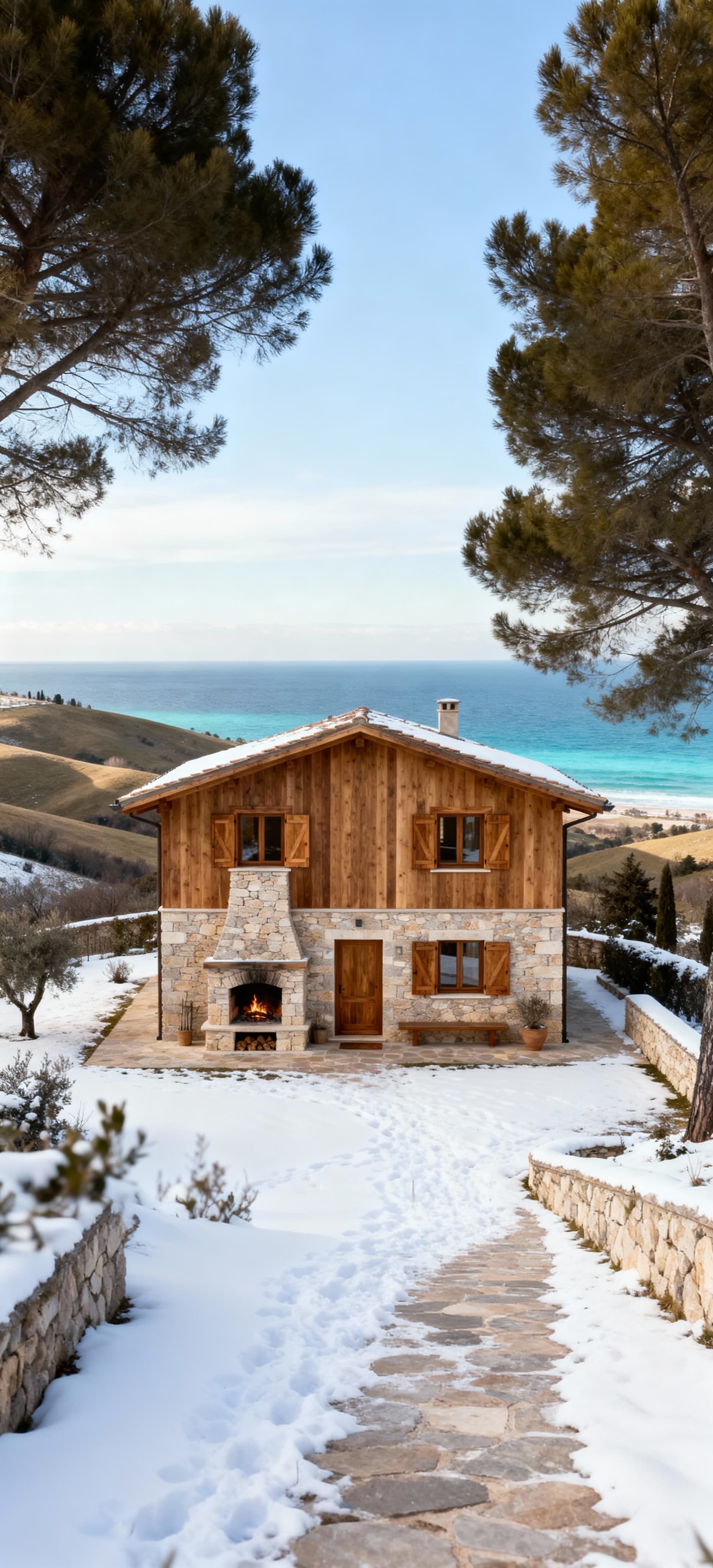 Elegante villa di lusso in Piemonte, in legno e pietra, circondata da colline e mare, esprime charme e calore.