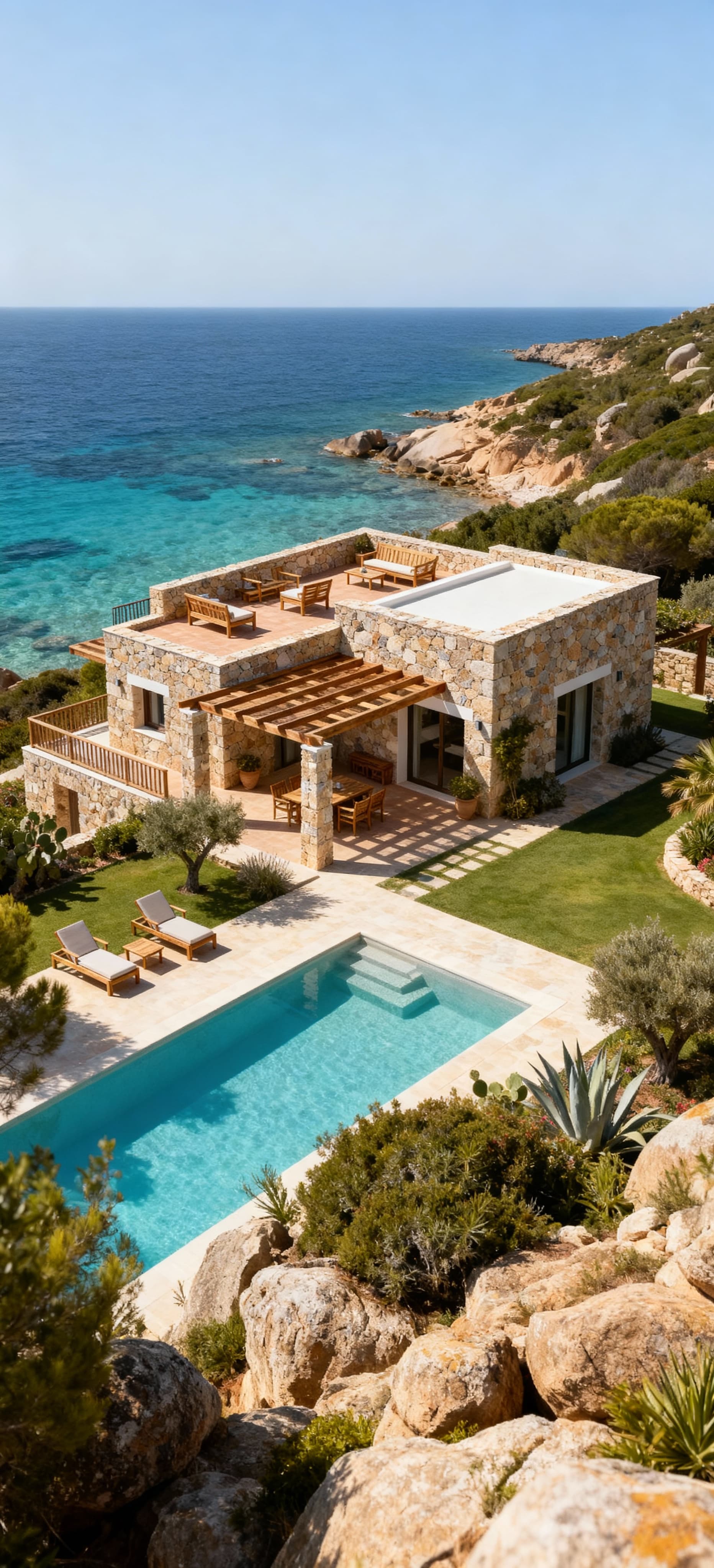Villa di lusso in Sardegna con facciate in pietra, piscine e giardino, vista su acque cristalline e vegetazione mediterranea.