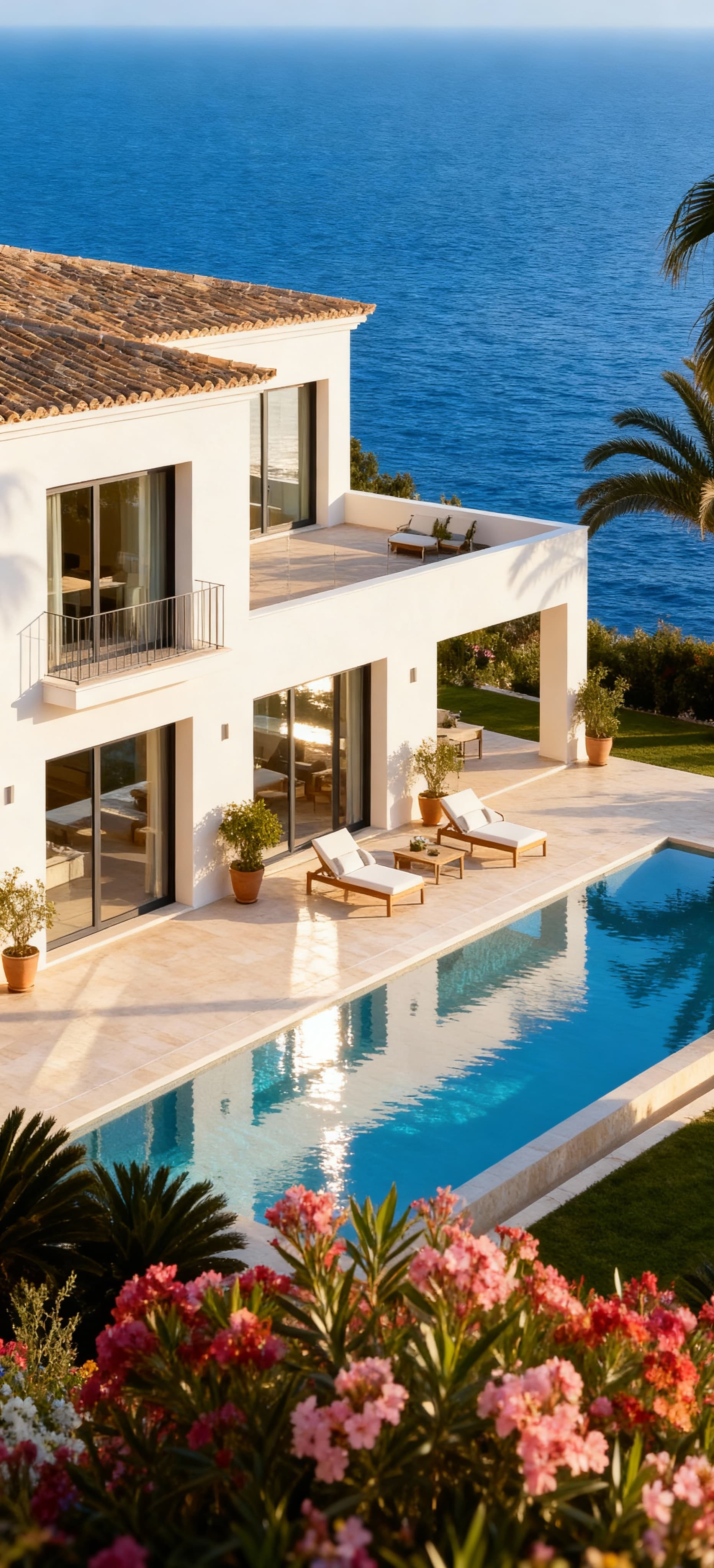 Villa di lusso con piscina a sfioro, circondata da palme e fiori, vista mare blu intenso in Puglia. Atmosfera di relax.